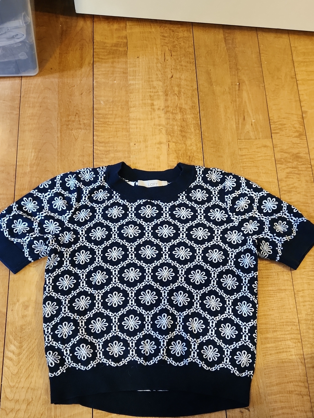 LOFT Navy and White Floral Knit Short-Sleeve Sweater